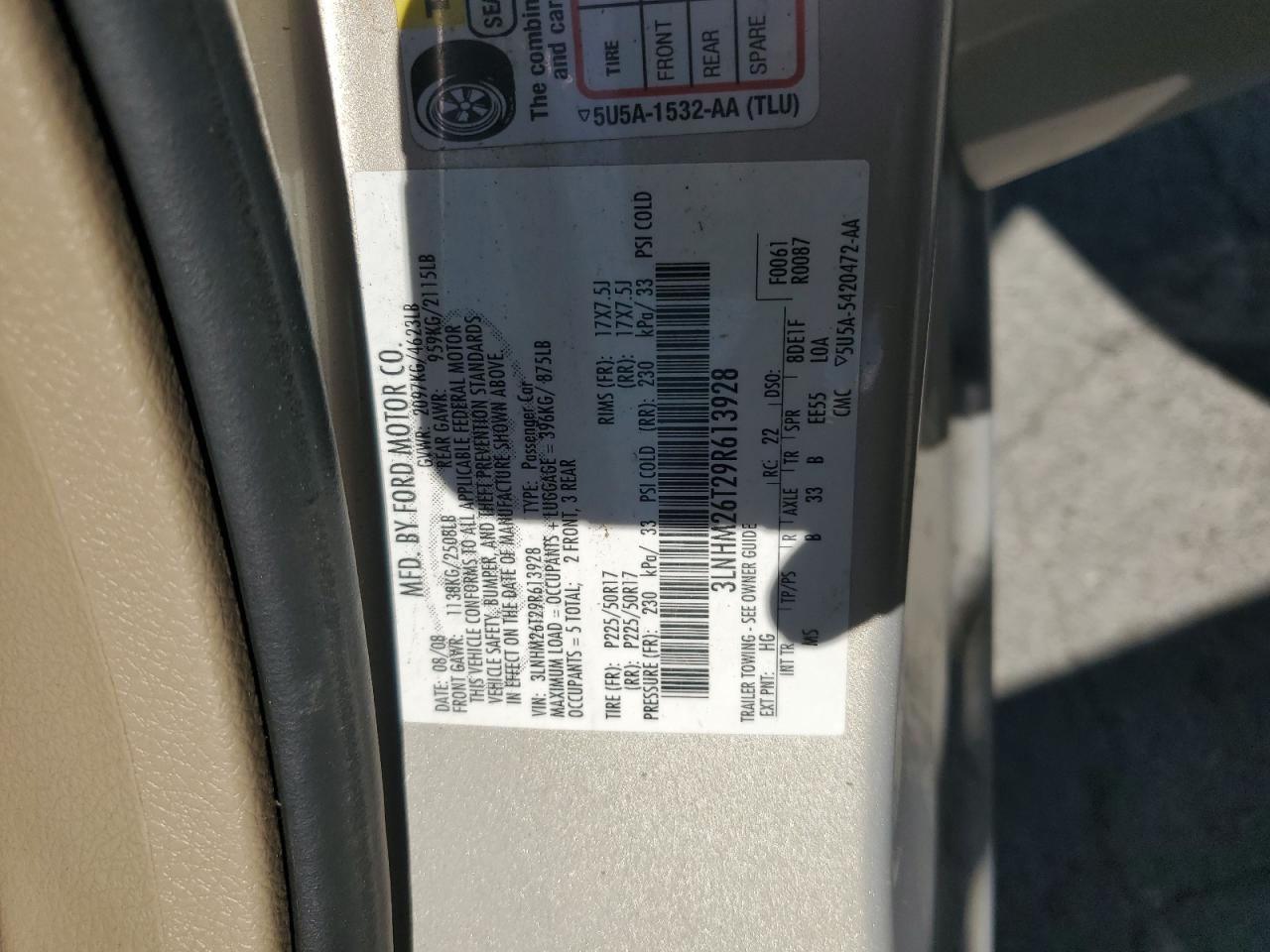 2009 Lincoln Mkz VIN: 3LNHM26T29R613928 Lot: 84532235