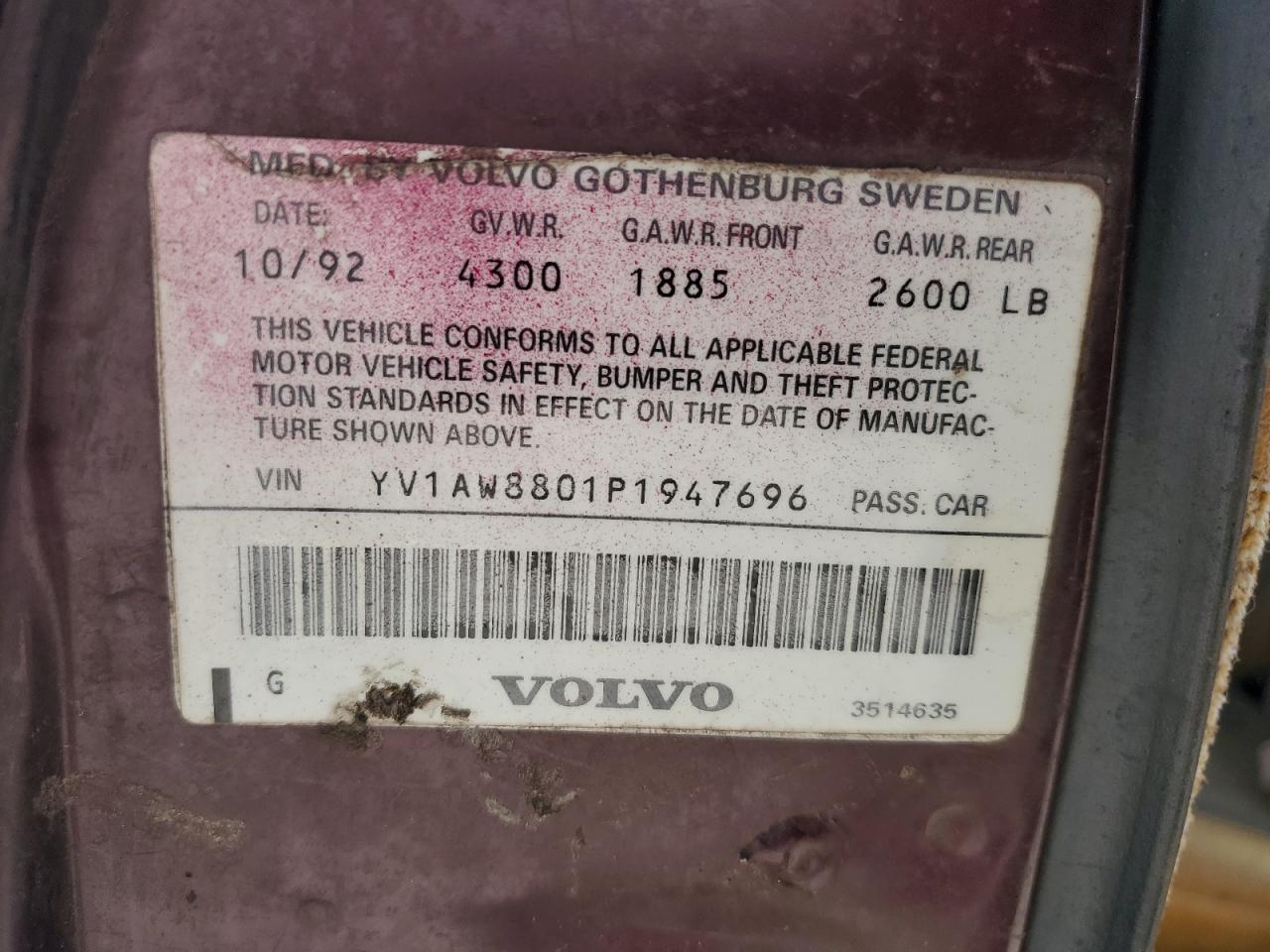 1993 Volvo 240 VIN: YV1AW8801P1947696 Lot: 71273865