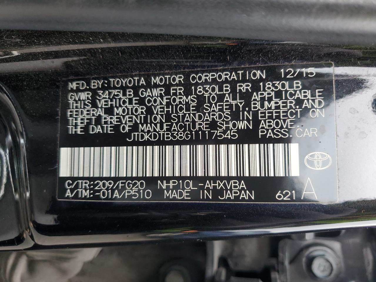 2016 Toyota Prius C VIN: JTDKDTB38G1117545 Lot: 81008745