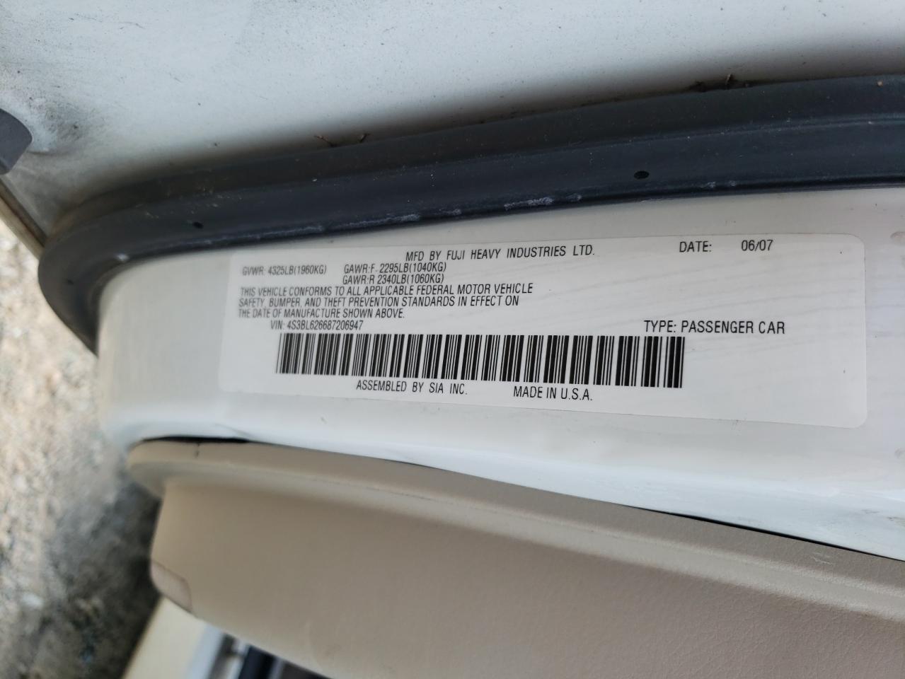 2008 Subaru Legacy 2.5I Limited VIN: 4S3BL626687206947 Lot: 81467775