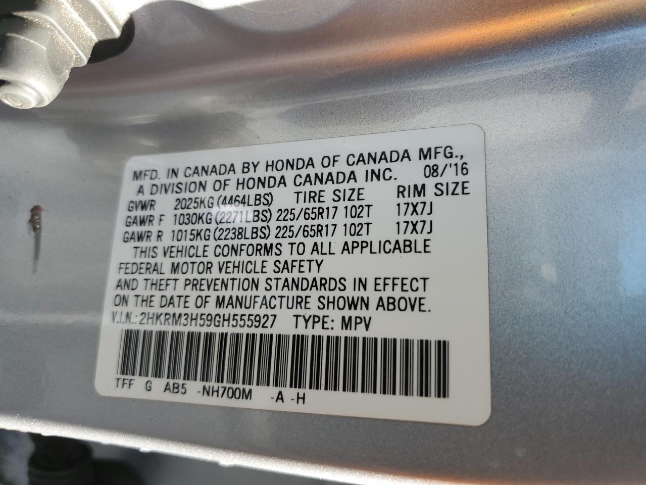 2016 Honda Cr-V Ex VIN: 2HKRM3H59GH555927 Lot: 84592625