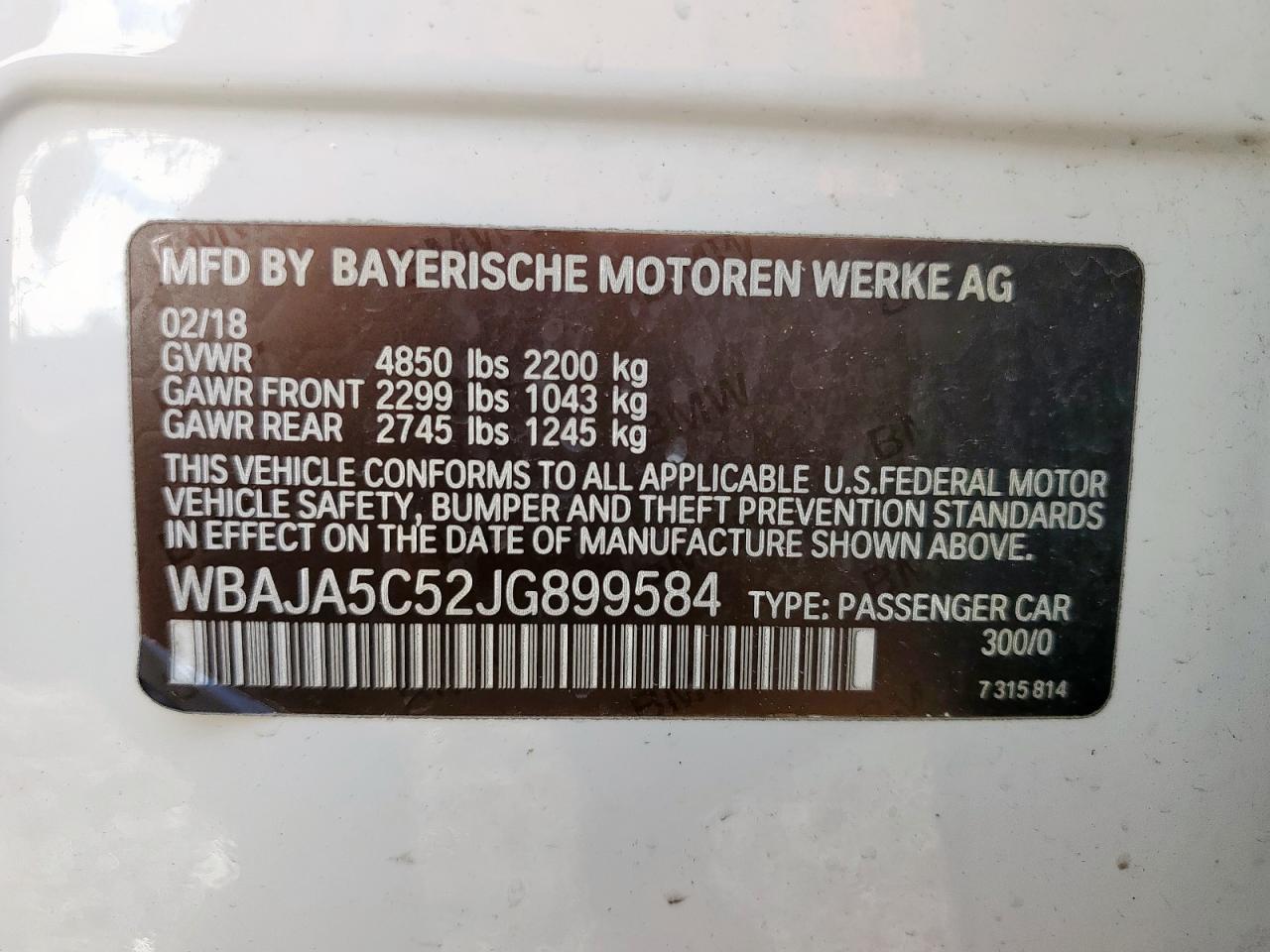 2018 BMW 530 I VIN: WBAJA5C52JG899584 Lot: 81252935