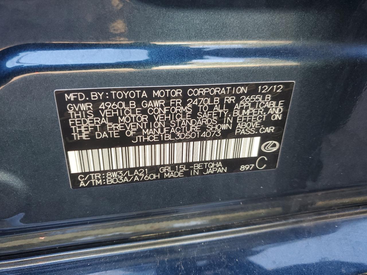 2013 Lexus Gs 350 VIN: JTHCE1BL3D5014073 Lot: 80650595