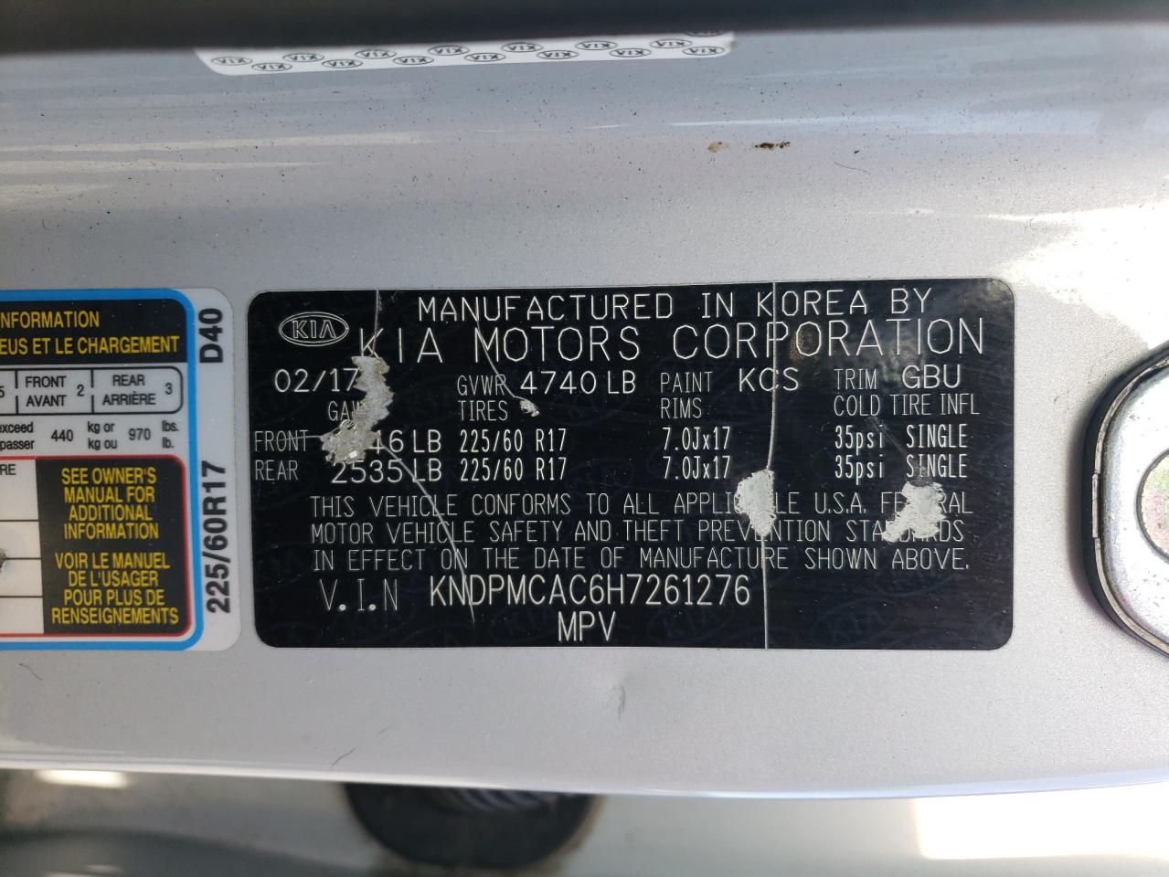 2017 Kia Sportage Lx VIN: KNDPMCAC6H7261276 Lot: 72032855