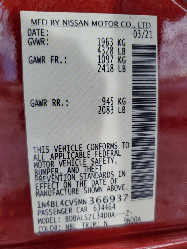 2021 Nissan Altima Sr VIN: 1N4BL4CV5MN366937 Lot: 80948405