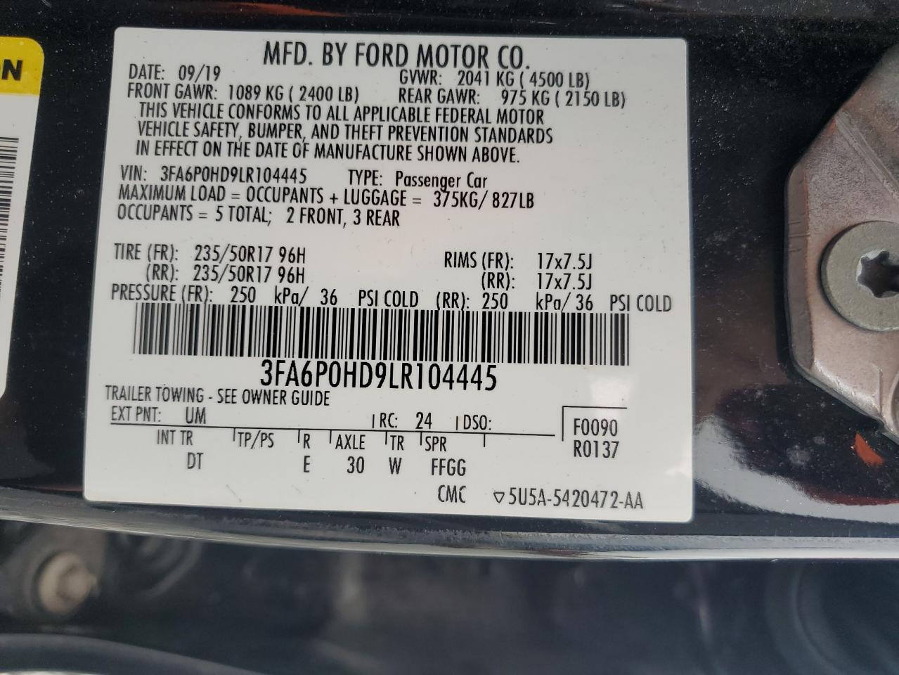 2020 Ford Fusion Se VIN: 3FA6P0HD9LR104445 Lot: 83795455