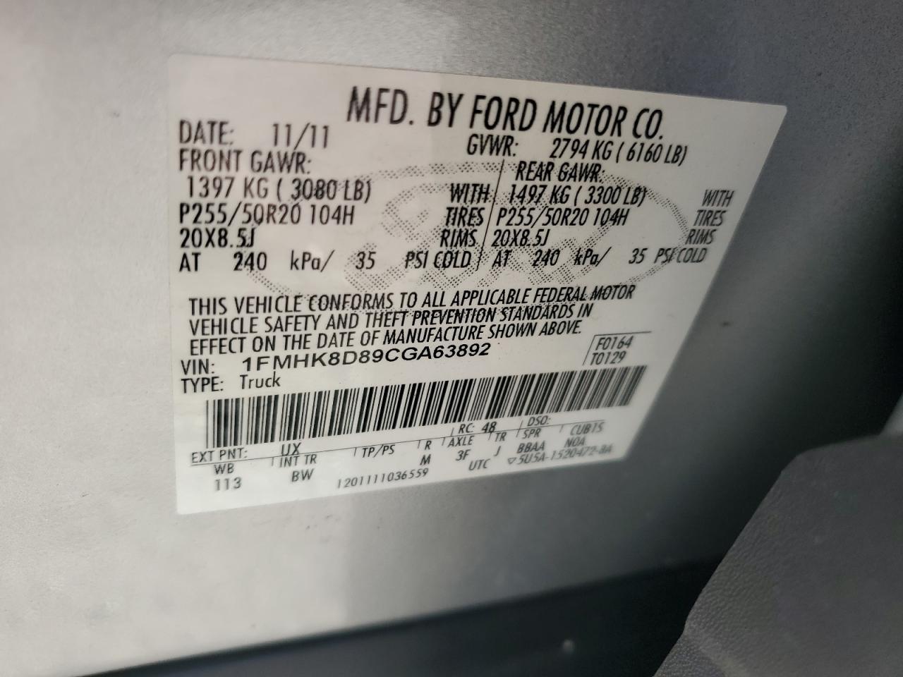 2012 Ford Explorer Xlt VIN: 1FMHK8D89CGA63892 Lot: 72036945