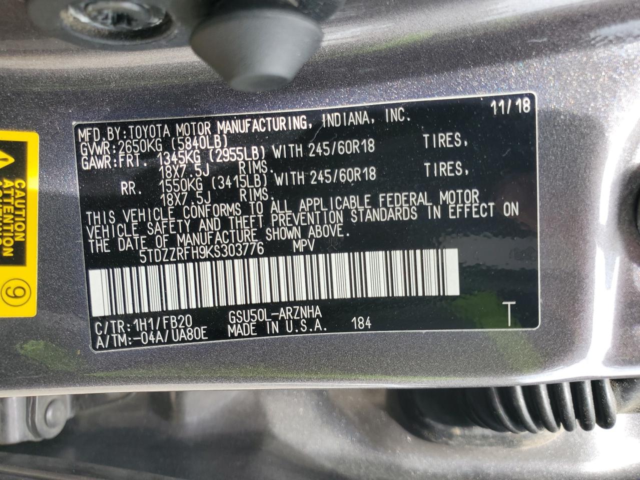 2019 Toyota Highlander Le VIN: 5TDZZRFH9KS303776 Lot: 83829635