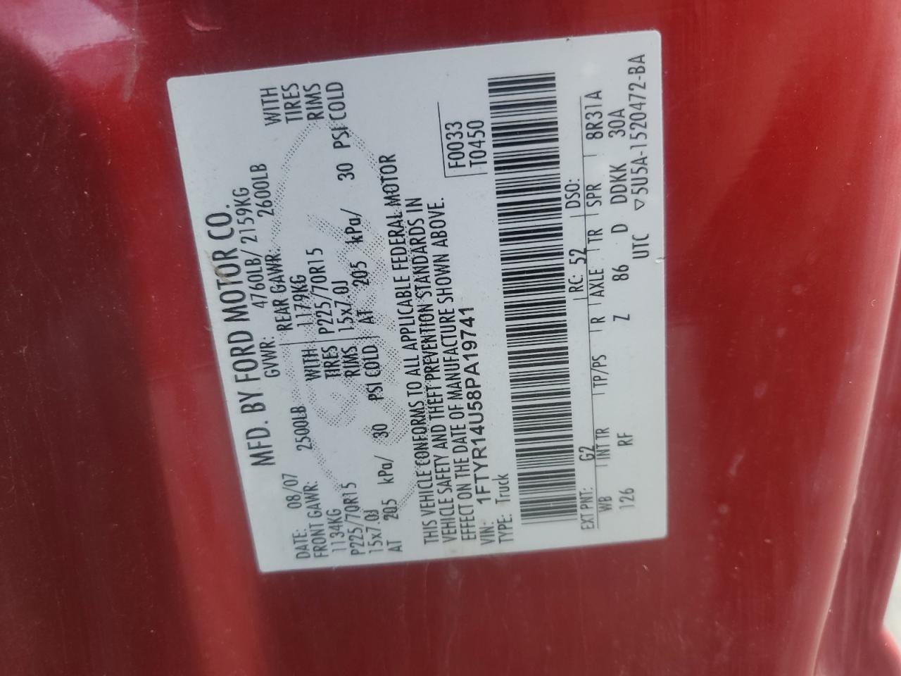 2008 Ford Ranger Super Cab VIN: 1FTYR14U58PA19741 Lot: 84424005