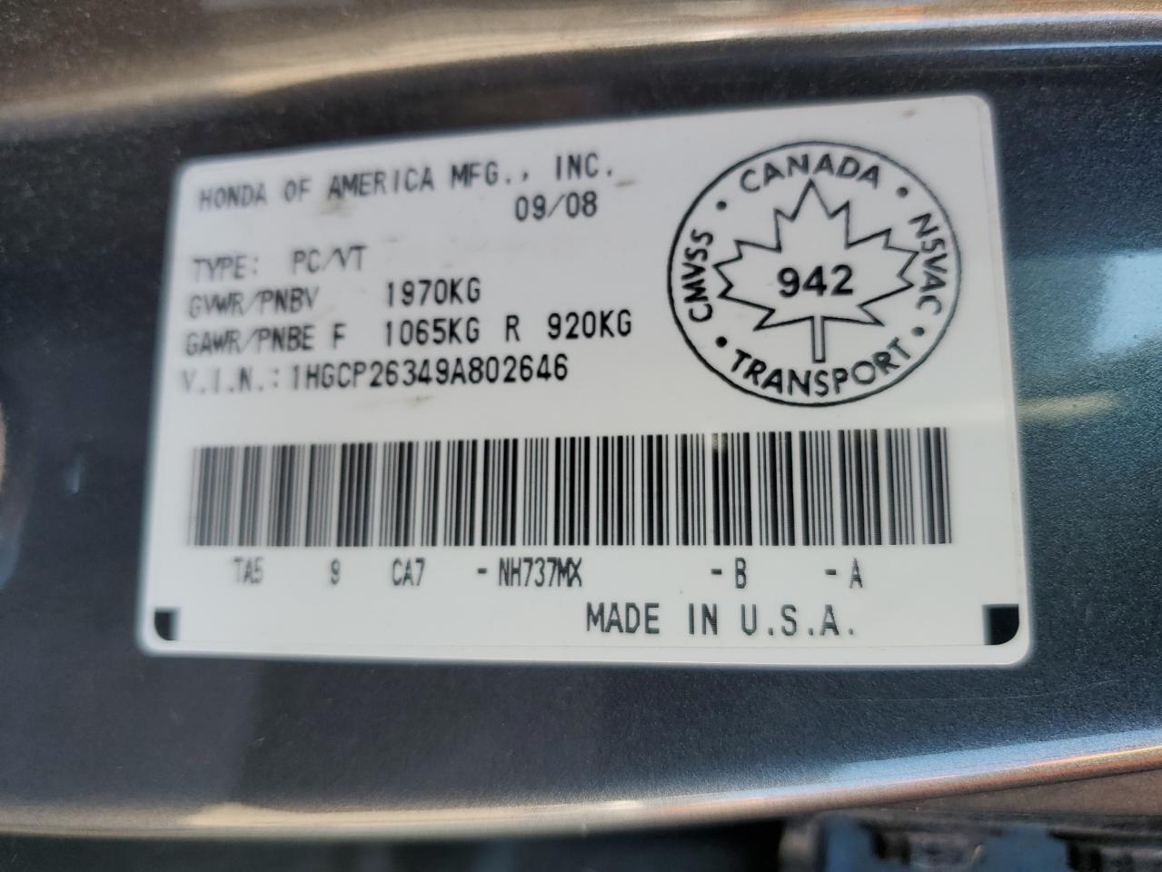 2009 Honda Accord Lx VIN: 1HGCP26349A802646 Lot: 83930745