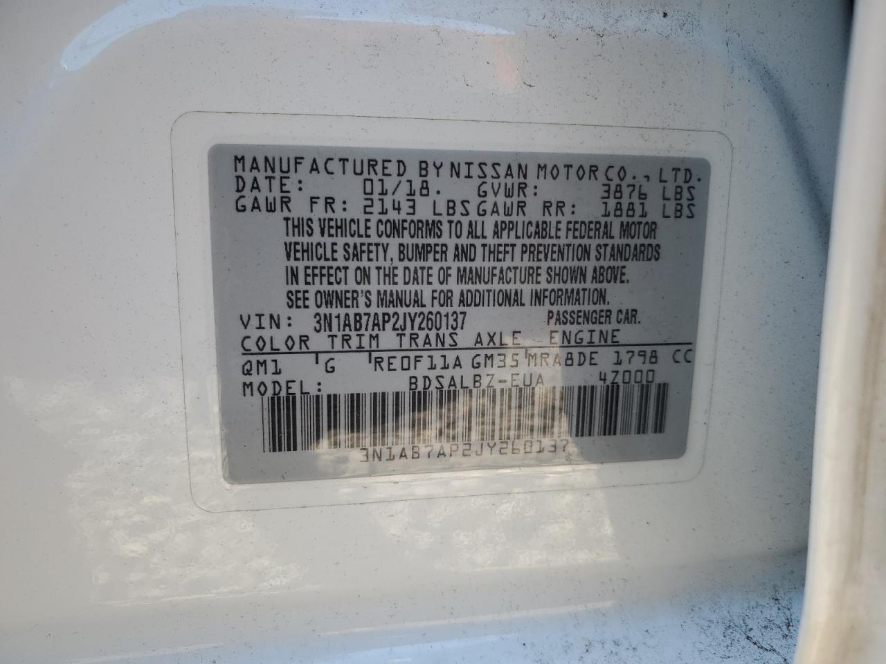 2018 Nissan Sentra S VIN: 3N1AB7AP2JY260137 Lot: 80126935