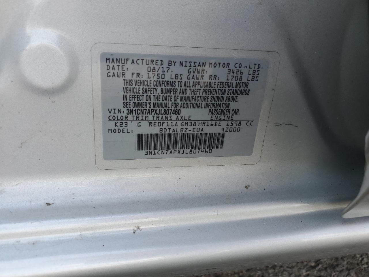 2018 Nissan Versa S VIN: 3N1CN7APXJL807460 Lot: 84605175