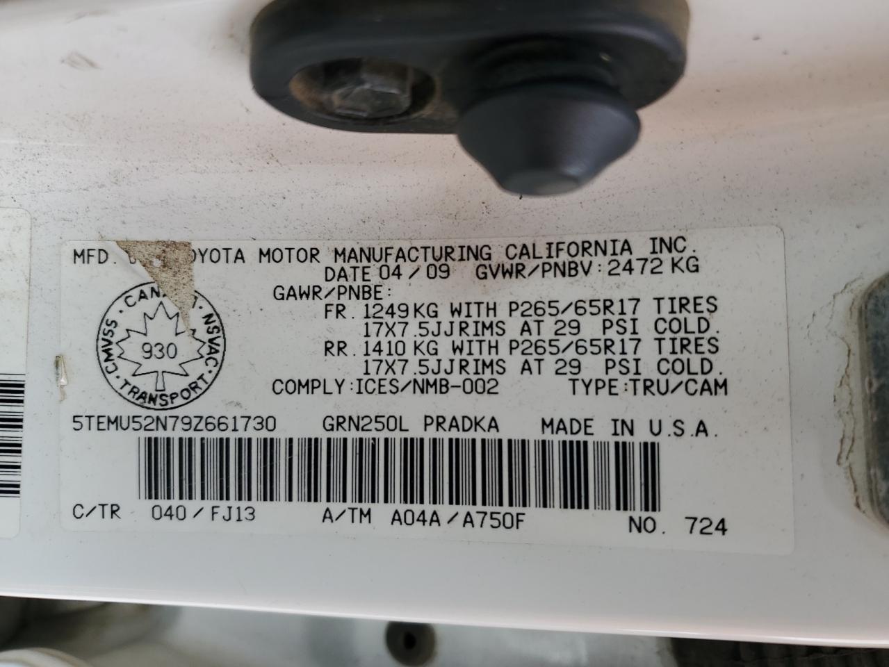 2009 Toyota Tacoma Double Cab Long Bed VIN: 5TEMU52N79Z661730 Lot: 84201795