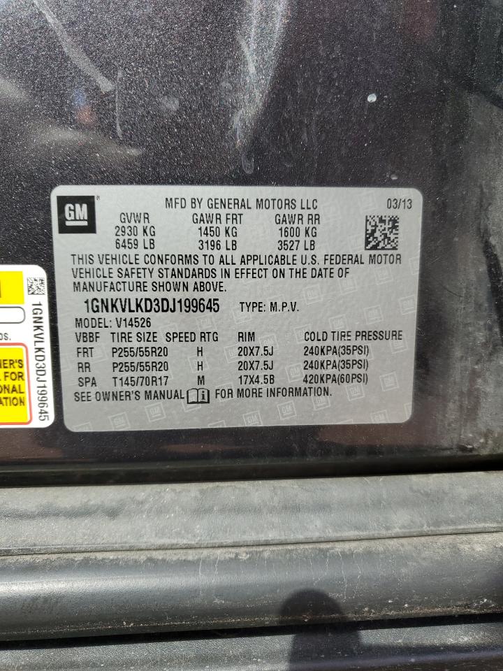 2013 Chevrolet Traverse Ltz VIN: 1GNKVLKD3DJ199645 Lot: 70696345