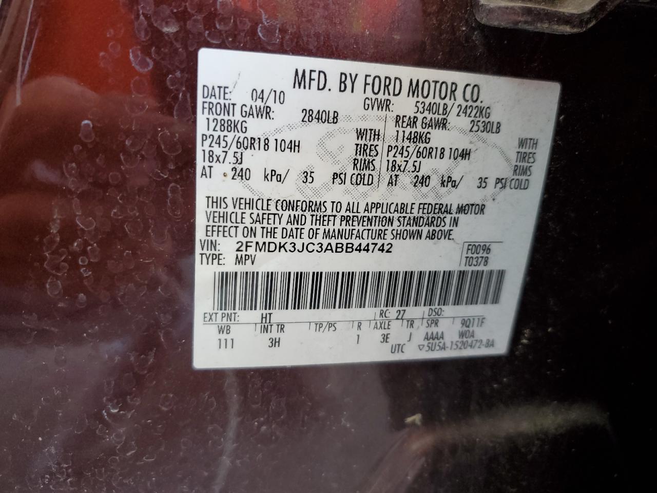 2010 Ford Edge Sel VIN: 2FMDK3JC3ABB44742 Lot: 80707545