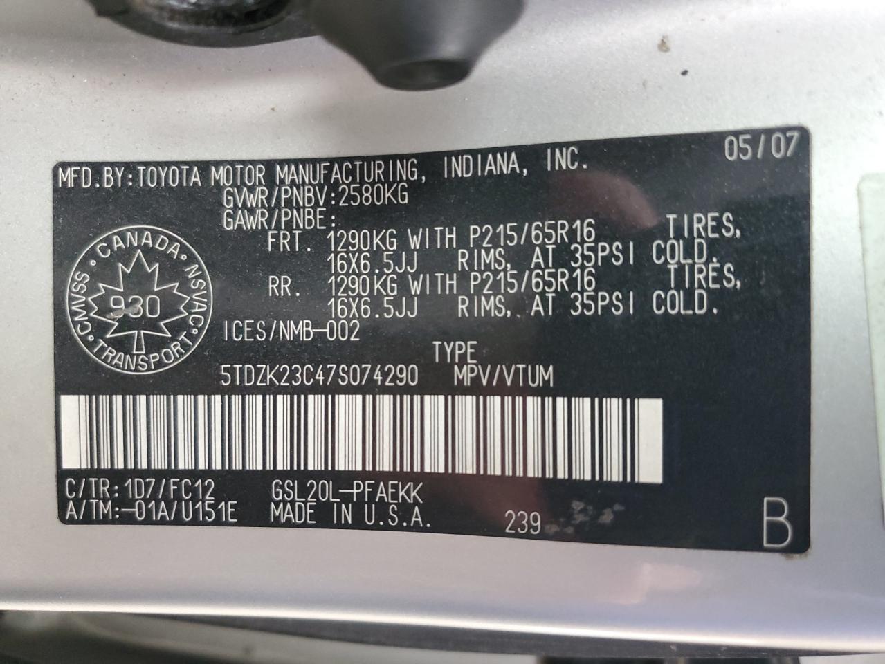 2007 Toyota Sienna Ce VIN: 5TDZK23C47S074290 Lot: 83811855