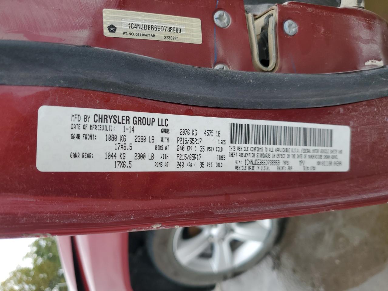 2014 Jeep Compass Latitude VIN: 1C4NJDEB6ED738969 Lot: 71418005