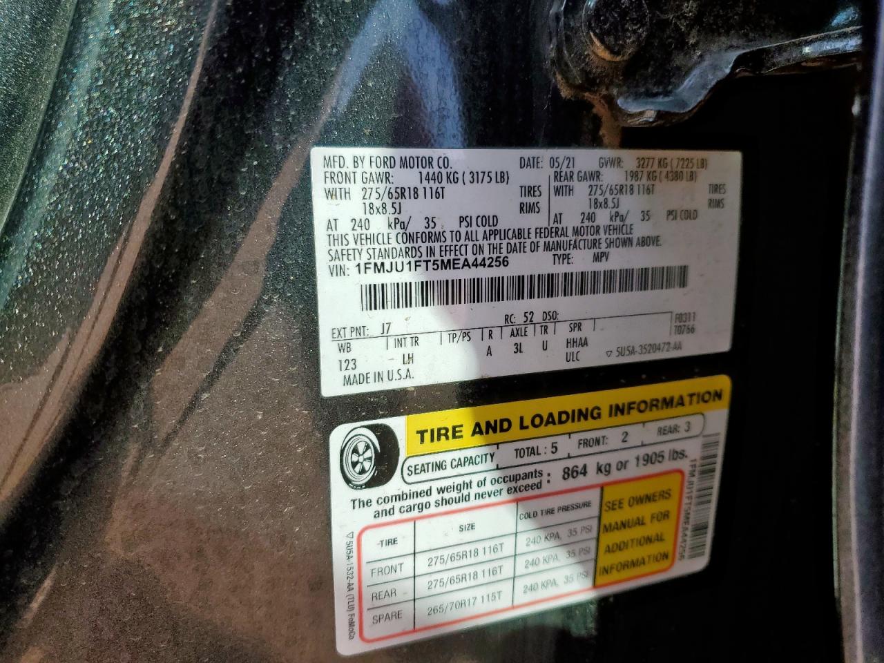 2021 Ford Expedition Xl VIN: 1FMJU1FT5MEA44256 Lot: 81340095