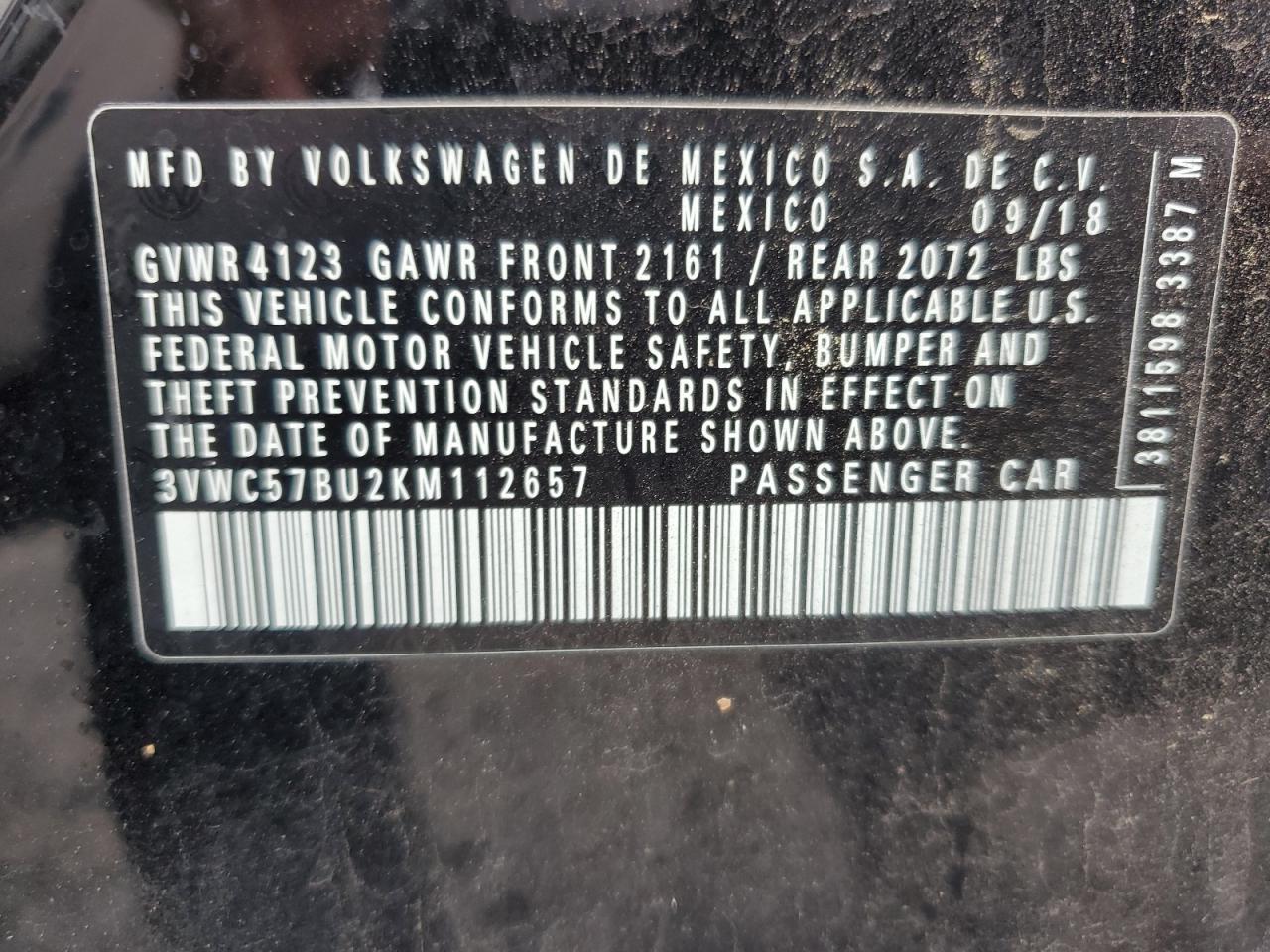 2019 Volkswagen Jetta S VIN: 3VWC57BU2KM112657 Lot: 84618725