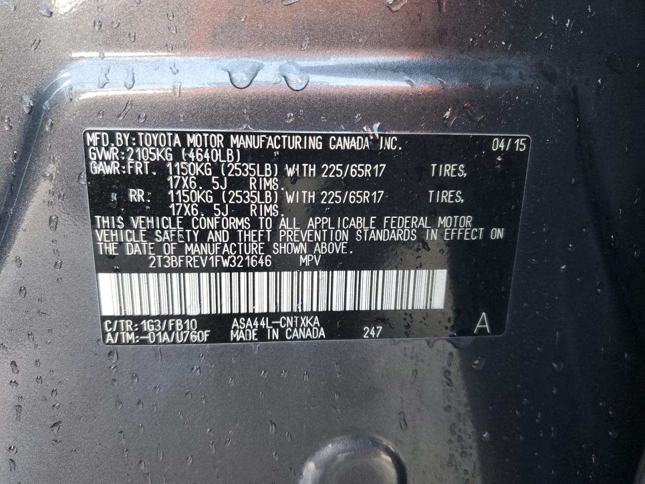 2015 Toyota Rav4 Le VIN: 2T3BFREV1FW321646 Lot: 84225325