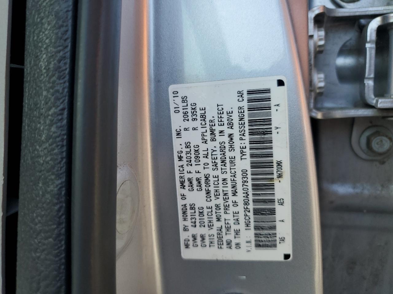 2010 Honda Accord Exl VIN: 1HGCP2F80AA079300 Lot: 72103865
