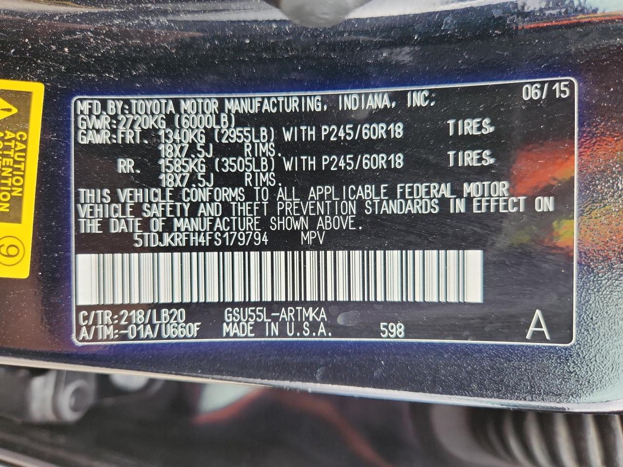 2015 Toyota Highlander Xle VIN: 5TDJKRFH4FS179794 Lot: 82010045