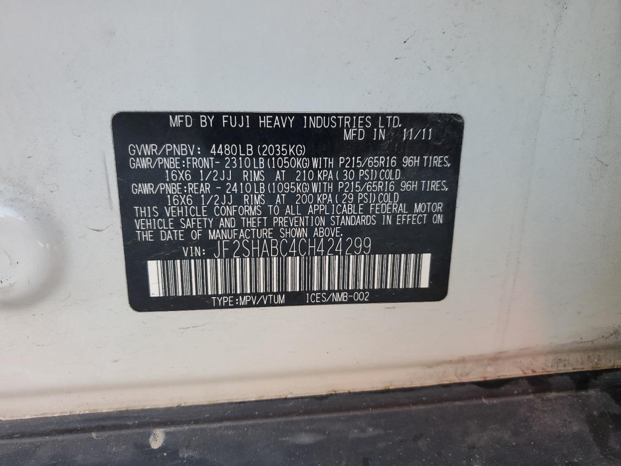 2012 Subaru Forester 2.5X VIN: JF2SHABC4CH424299 Lot: 81882635