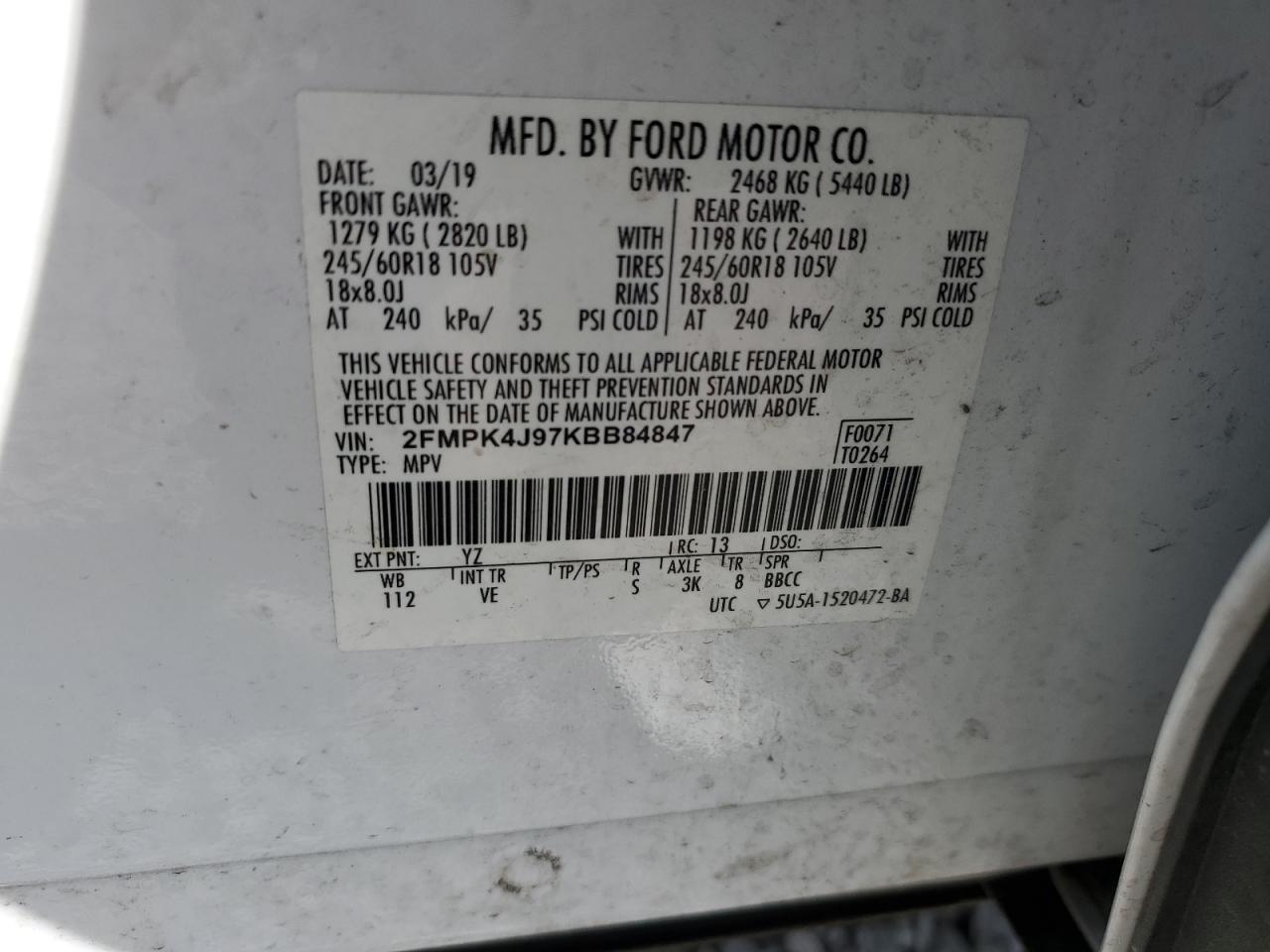 2019 Ford Edge Sel VIN: 2FMPK4J97KBB84847 Lot: 80886735
