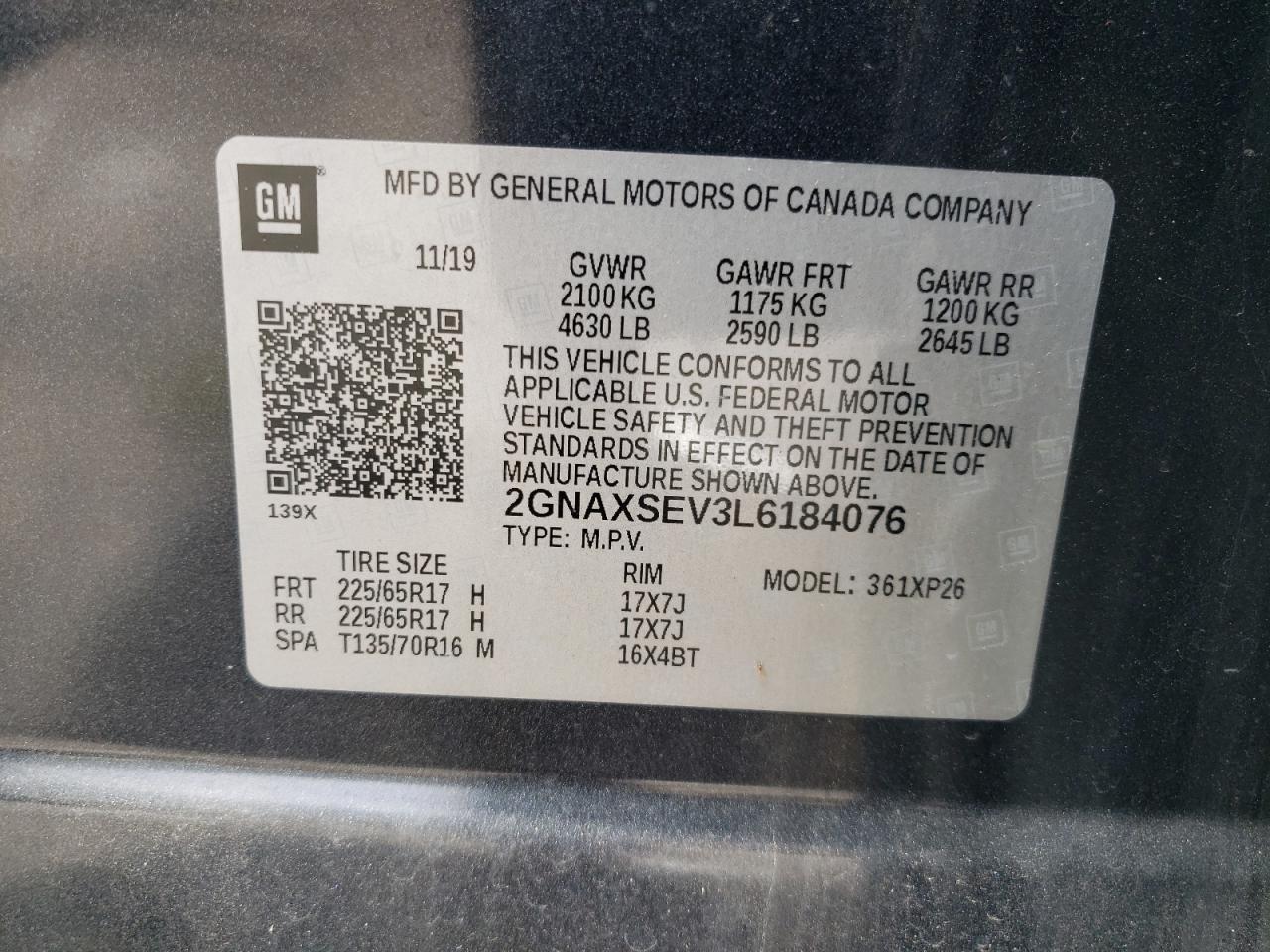 2020 Chevrolet Equinox Ls VIN: 2GNAXSEV3L6184076 Lot: 83976175