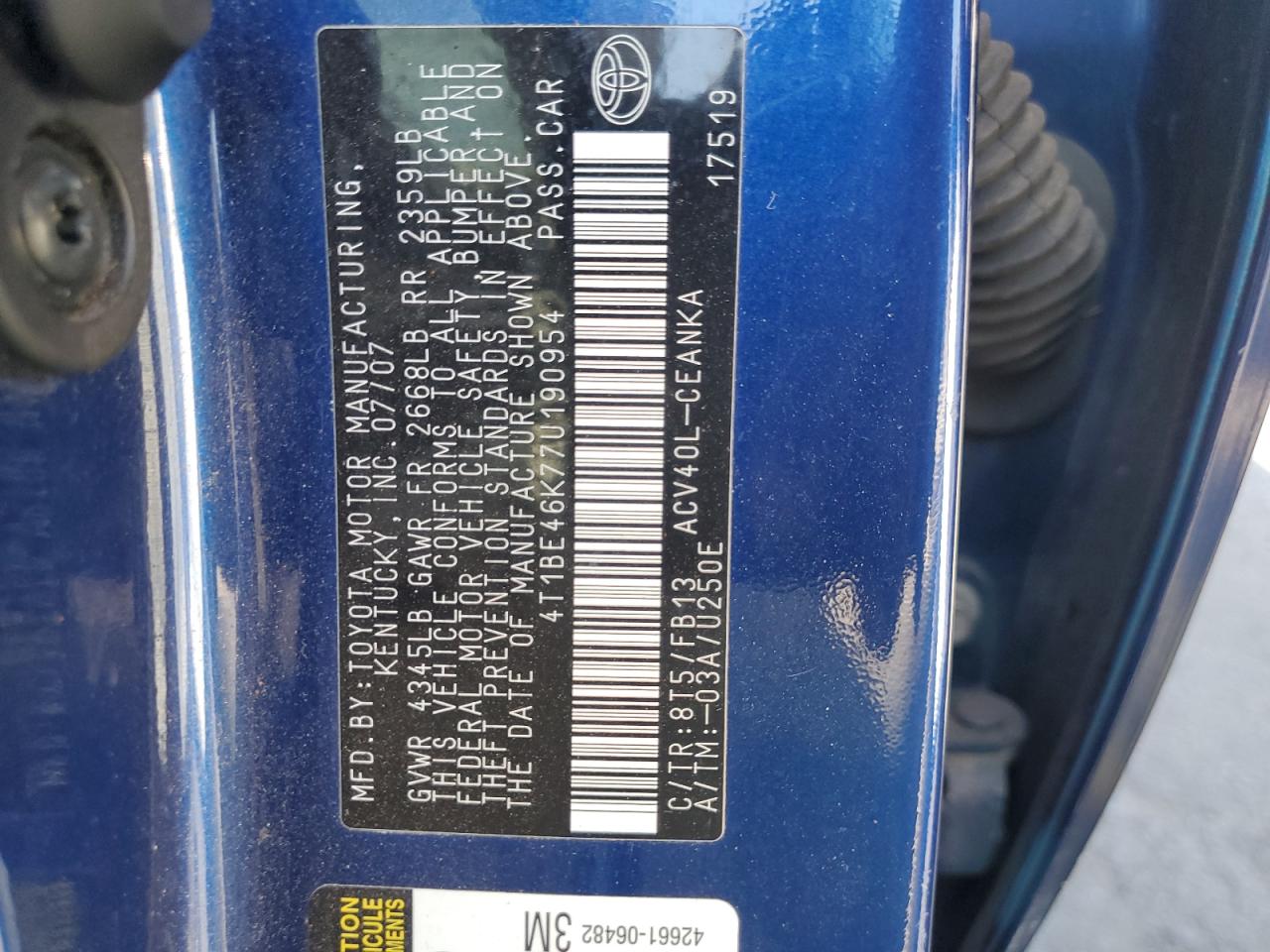 2007 Toyota Camry Ce VIN: 4T1BE46K77U190954 Lot: 71454955