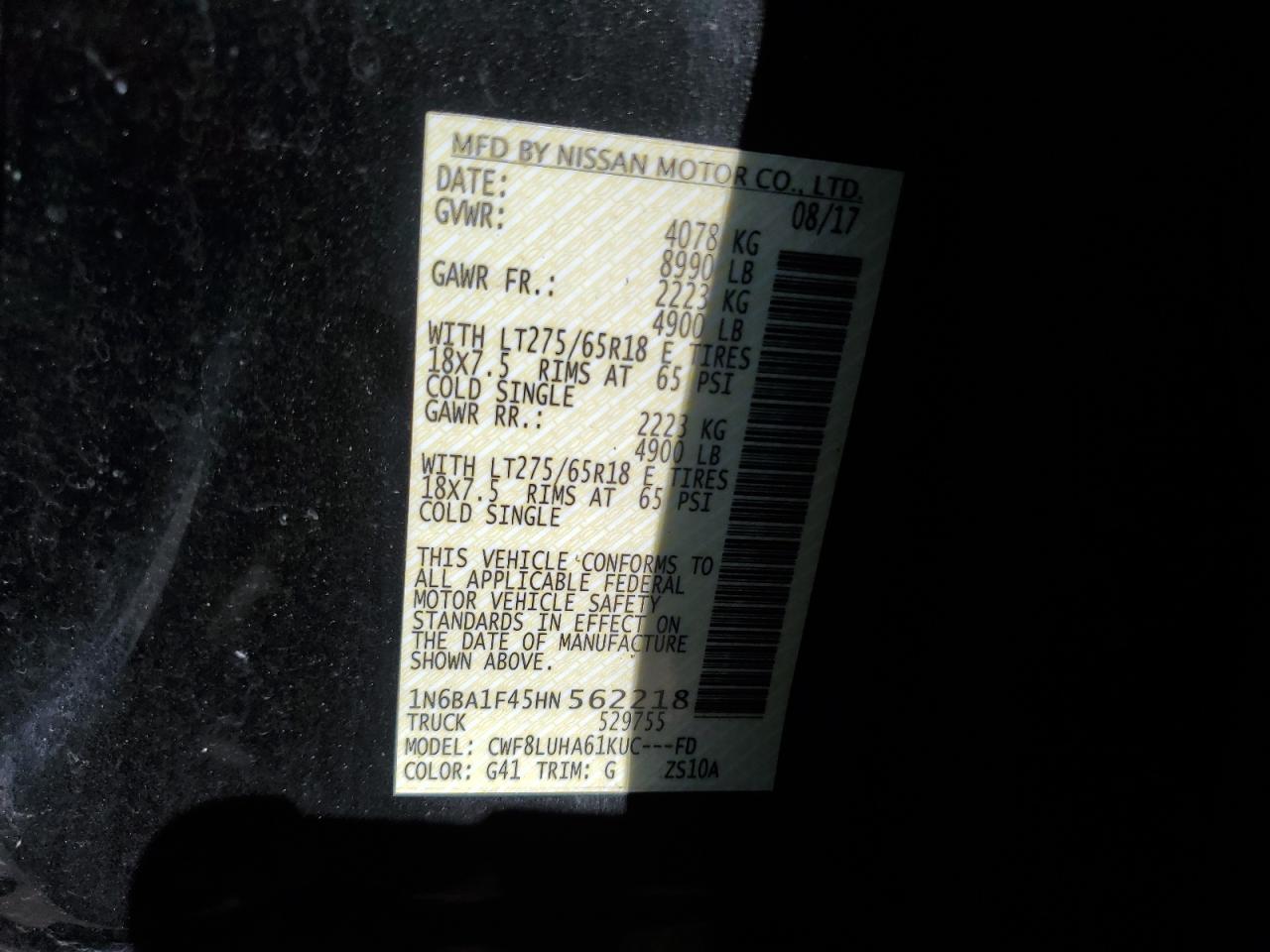 2017 Nissan Titan Xd Sl VIN: 1N6BA1F45HN562218 Lot: 82131405