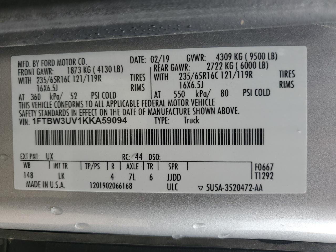 2019 Ford Transit T-350 VIN: 1FTBW3UV1KKA59094 Lot: 81078735