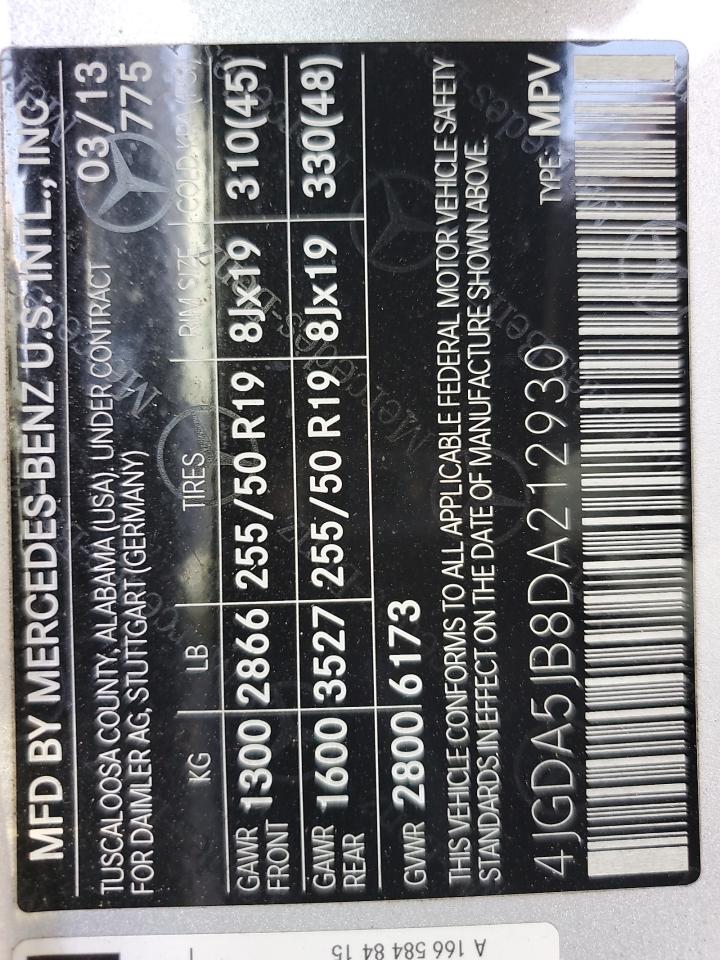 2013 Mercedes-Benz Ml 350 VIN: 4JGDA5JB8DA212930 Lot: 82085655