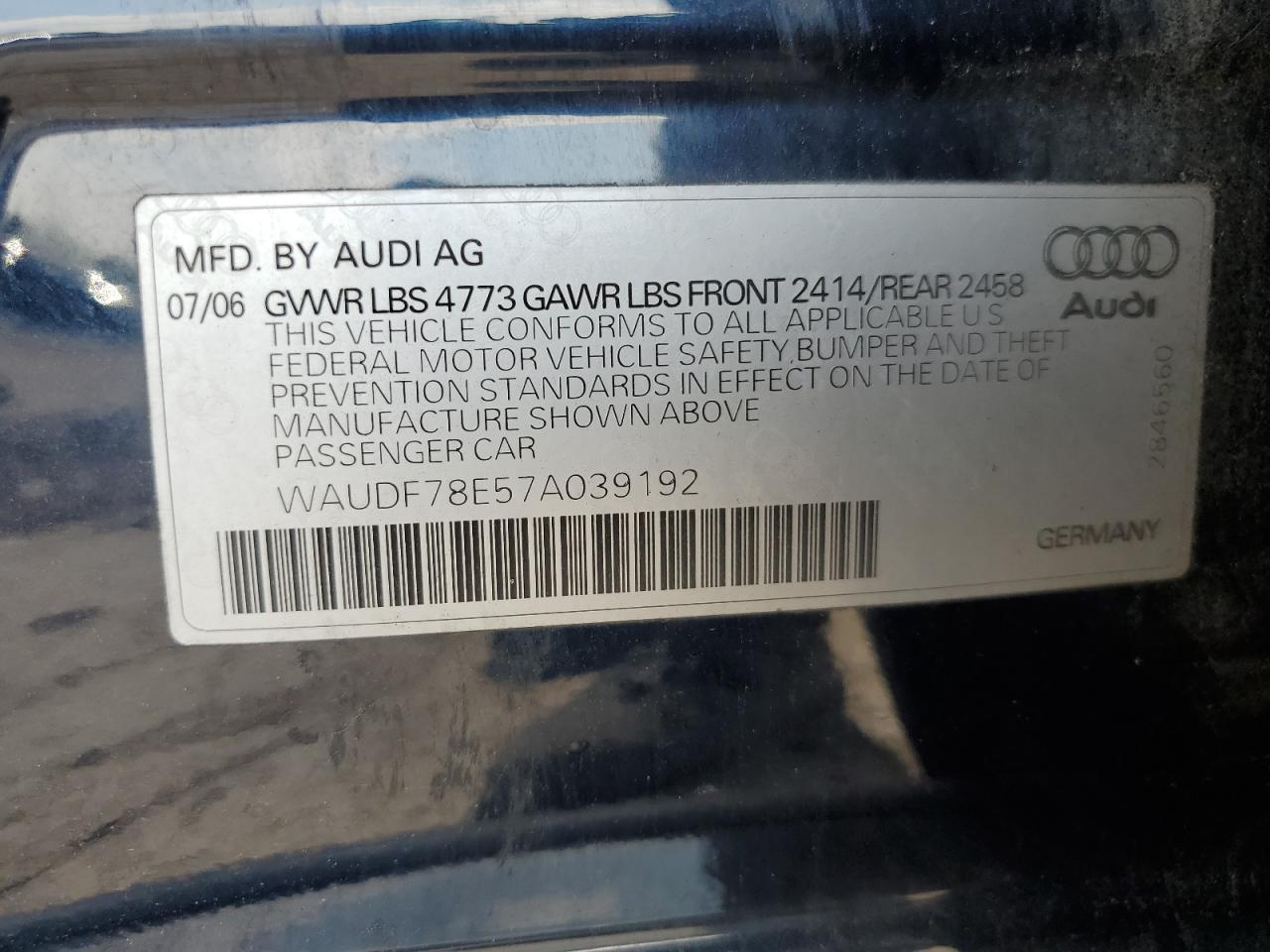 2007 Audi A4 2.0T Quattro VIN: WAUDF78E57A039192 Lot: 71427815