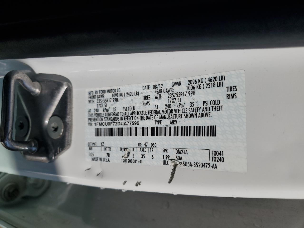 2013 Ford Escape S VIN: 1FMCU0F72DUA77596 Lot: 82173115