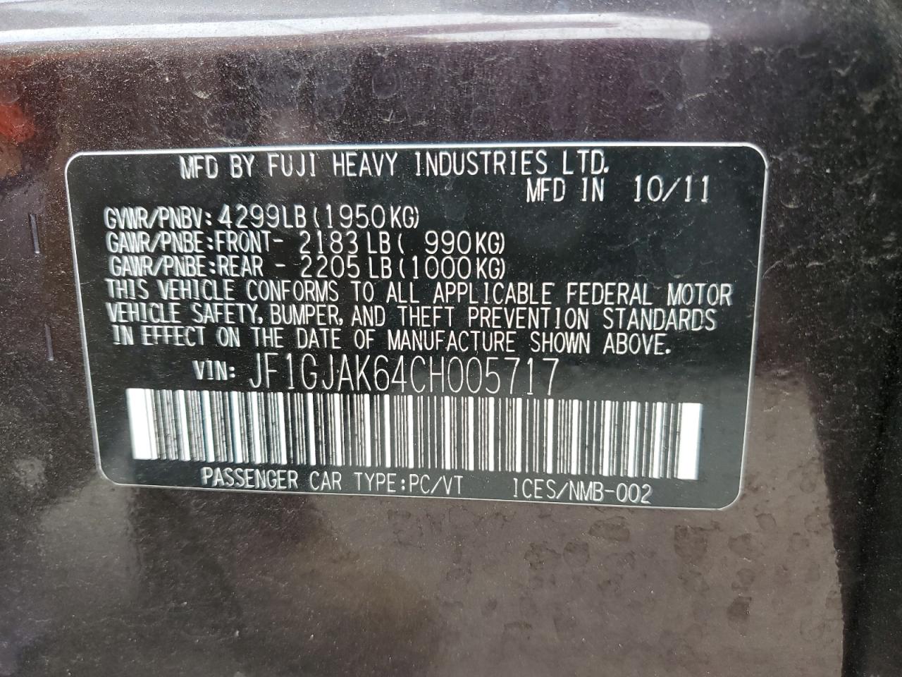 2012 Subaru Impreza Limited VIN: JF1GJAK64CH005717 Lot: 71639535