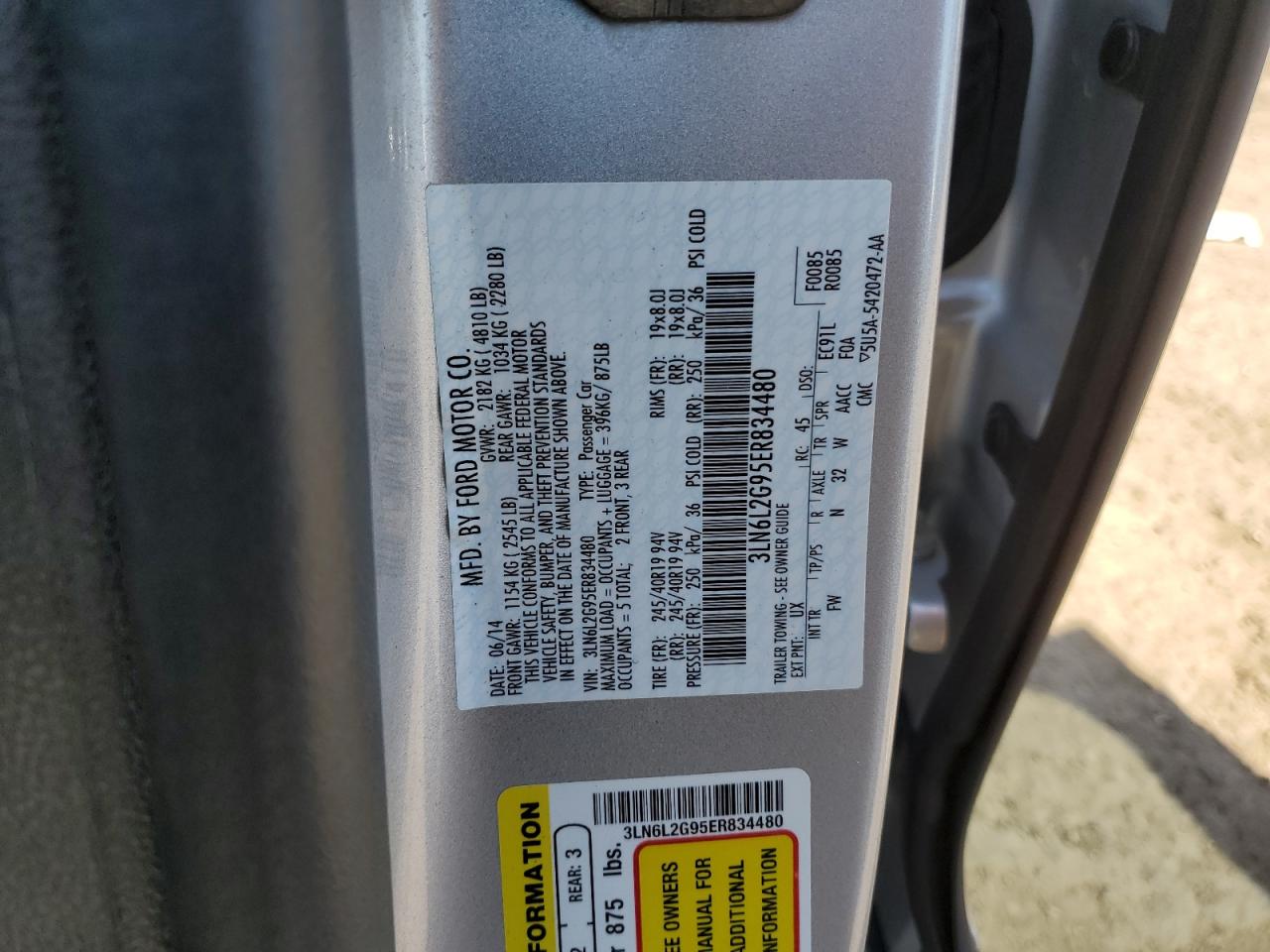 2014 Lincoln Mkz VIN: 3LN6L2G95ER834480 Lot: 71239615