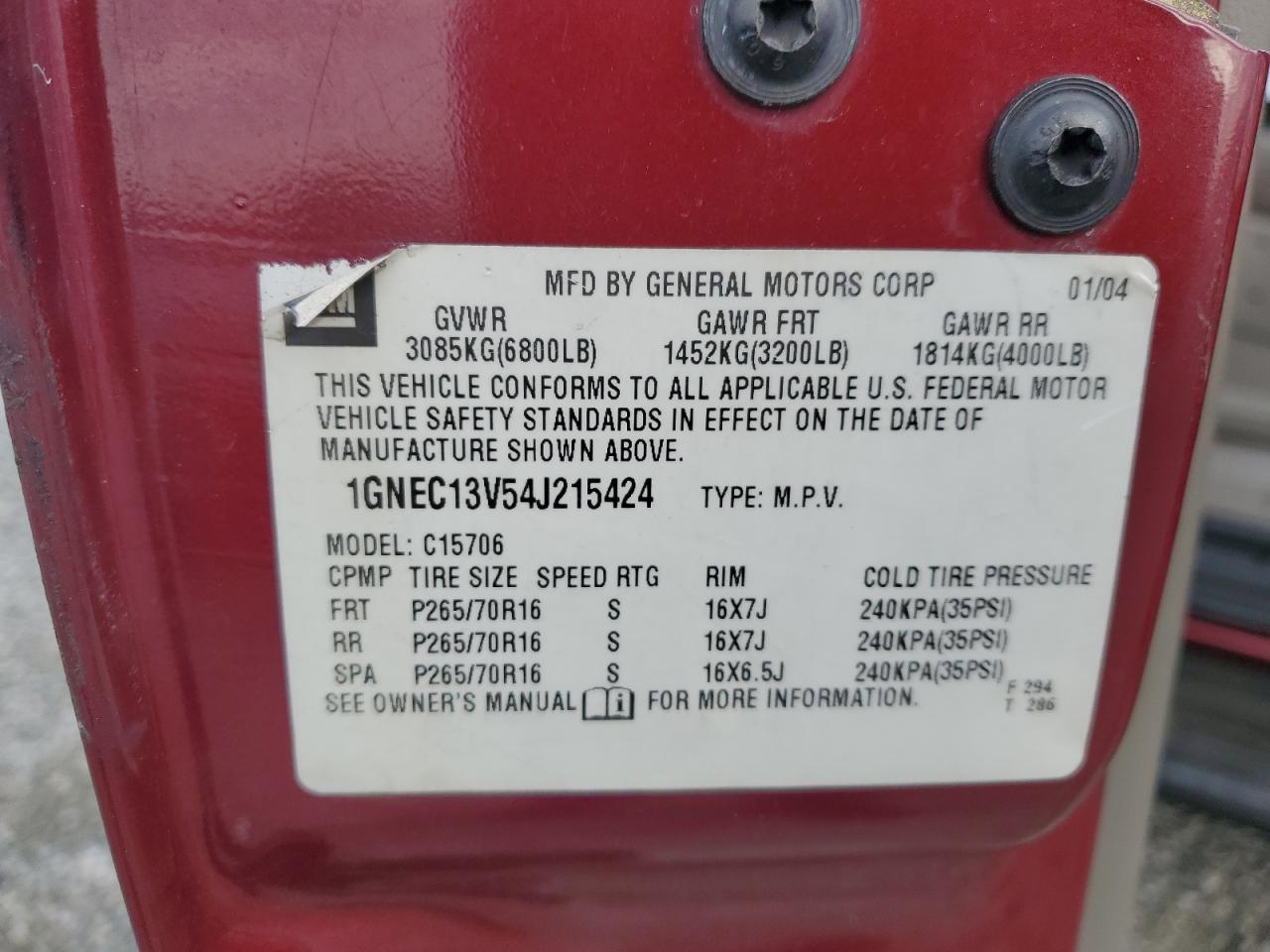 2004 Chevrolet Tahoe C1500 VIN: 1GNEC13V54J215424 Lot: 81526225