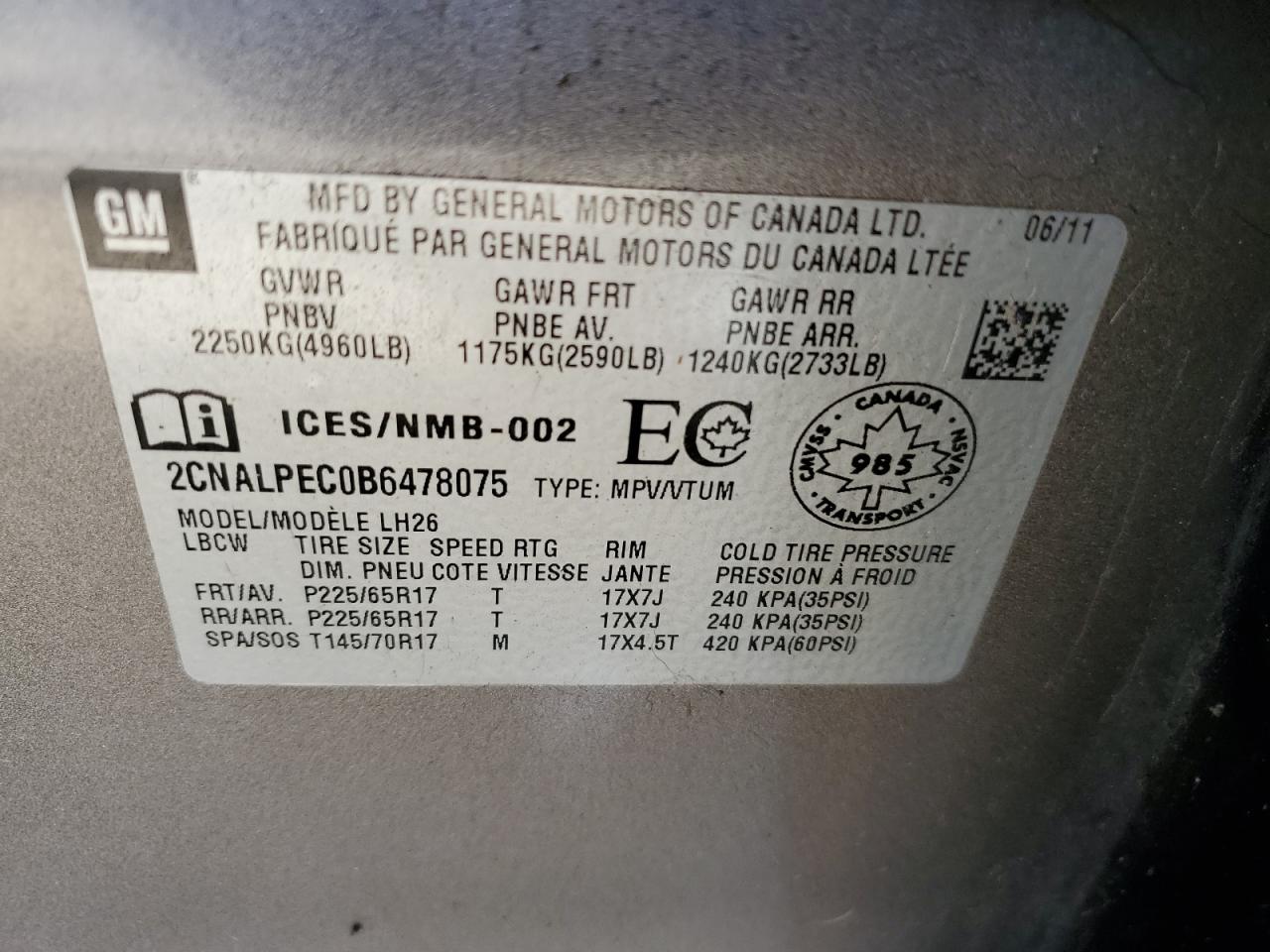 2011 Chevrolet Equinox Lt VIN: 2CNALPEC0B6478075 Lot: 84449545