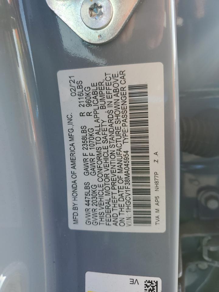 2021 Honda Accord Sport VIN: 1HGCV1F38MA045954 Lot: 72074565
