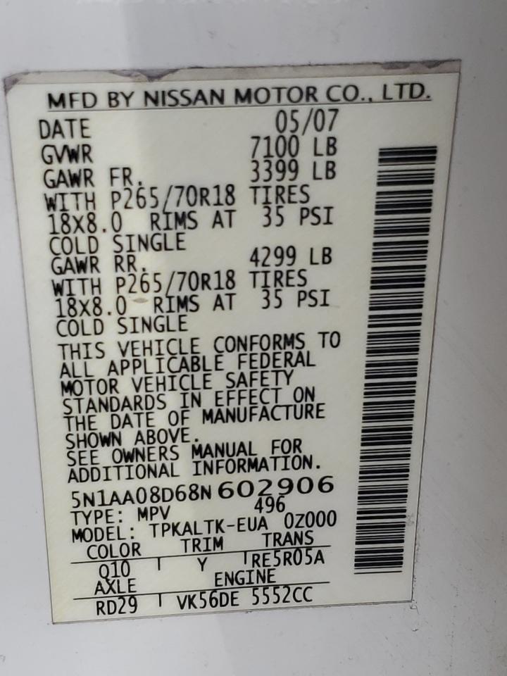 2008 Nissan Armada Se VIN: 5N1AA08D68N602906 Lot: 81526355