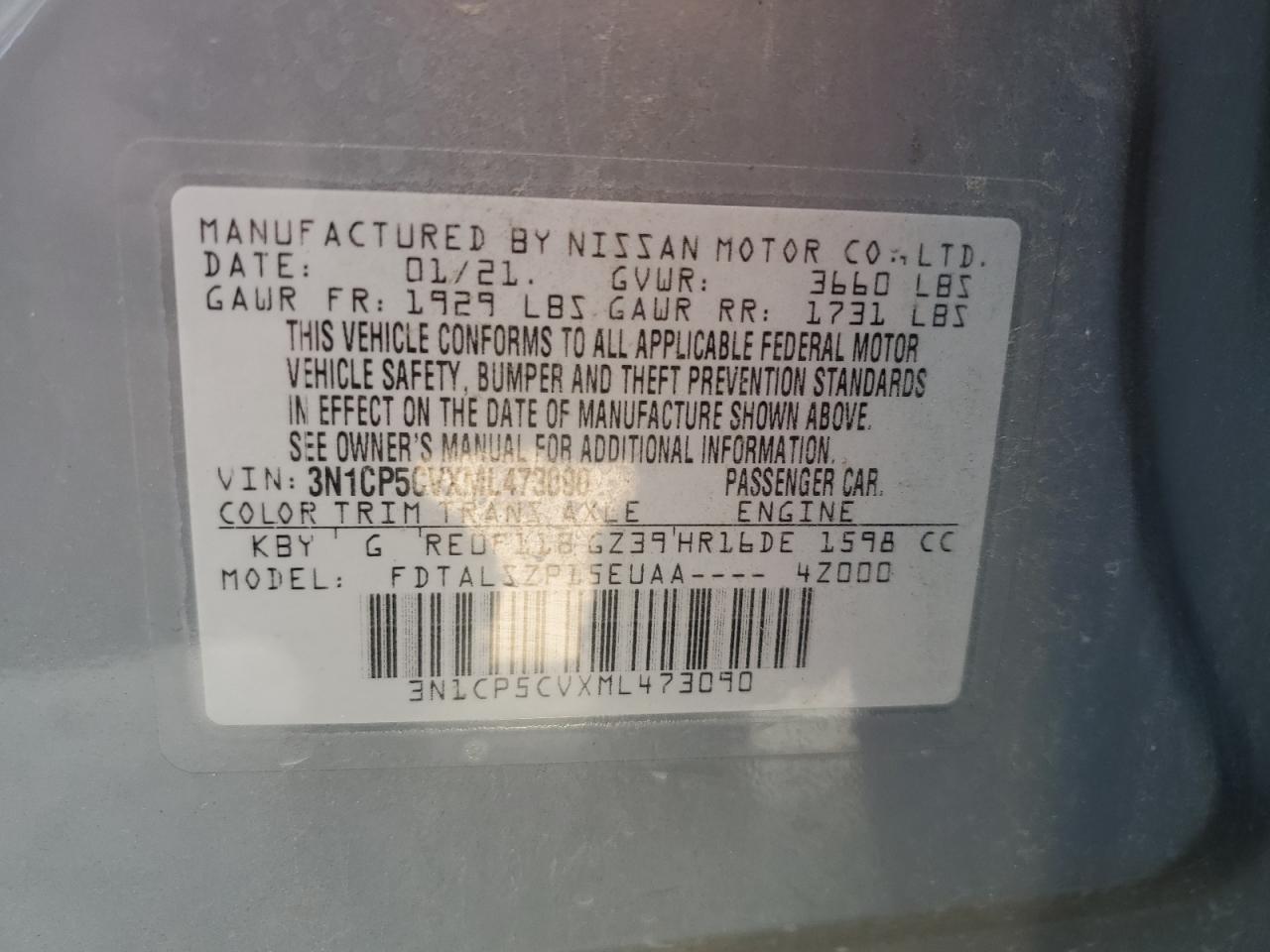 2021 Nissan Kicks Sv VIN: 3N1CP5CVXML473090 Lot: 80250805