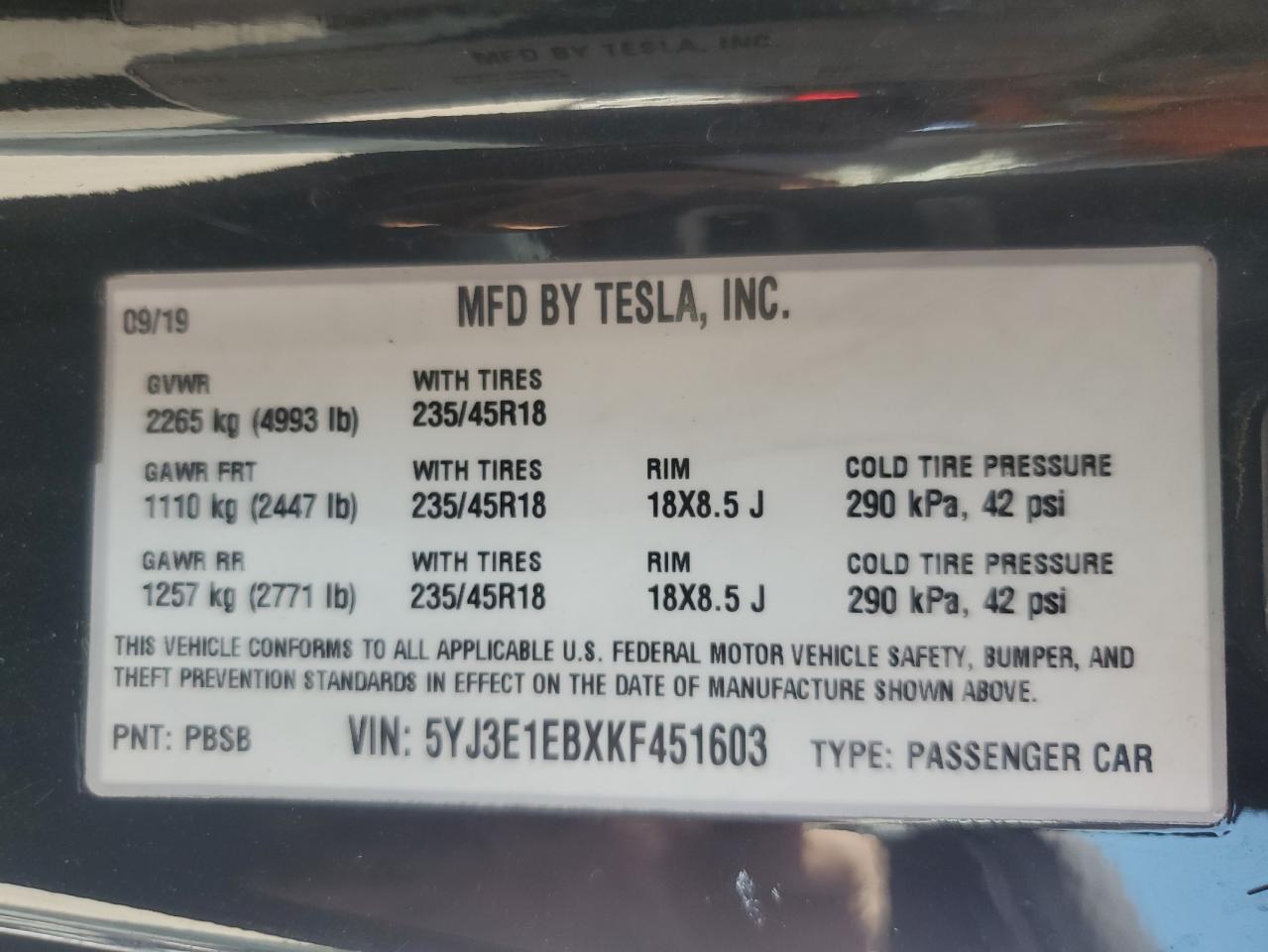 2019 Tesla Model 3 VIN: 5YJ3E1EBXKF451603 Lot: 80759655