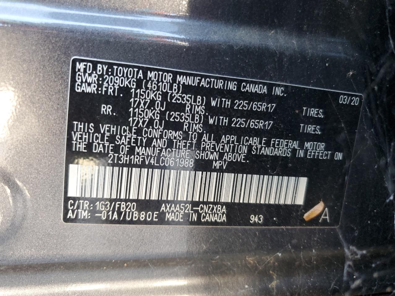 2020 Toyota Rav4 Le VIN: 2T3H1RFV4LC061988 Lot: 81871765