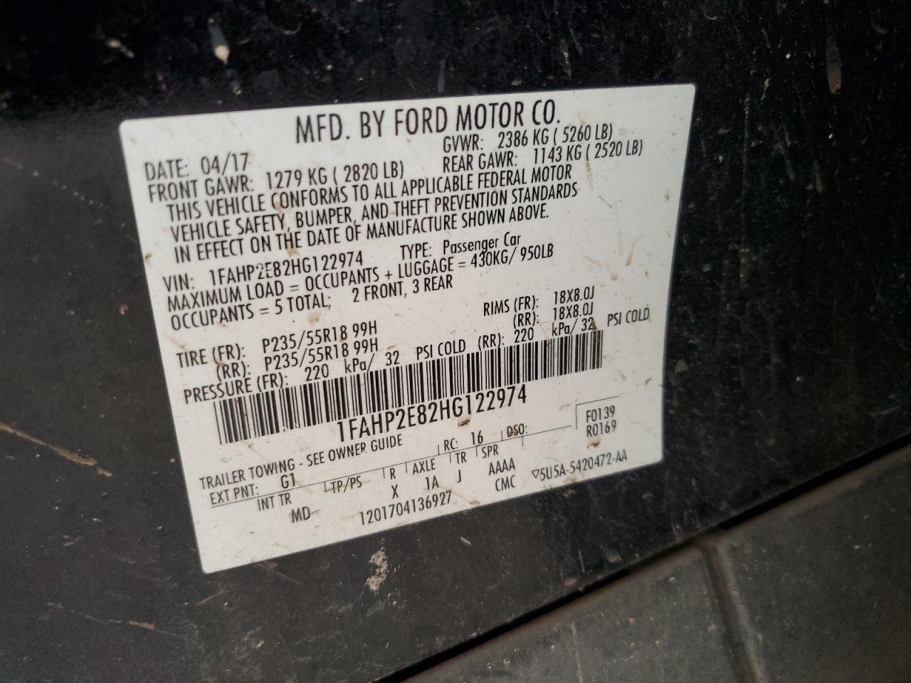 2017 Ford Taurus Sel VIN: 1FAHP2E82HG122974 Lot: 83932175