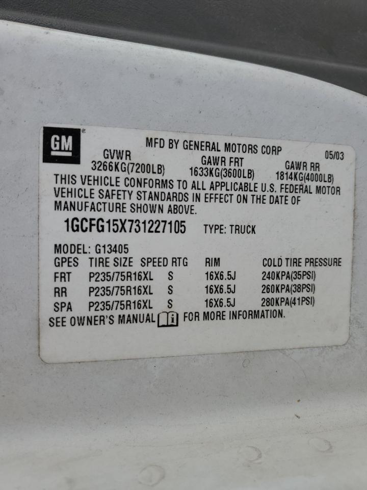 2003 Chevrolet Express G1500 VIN: 1GCFG15X731227105 Lot: 69453865