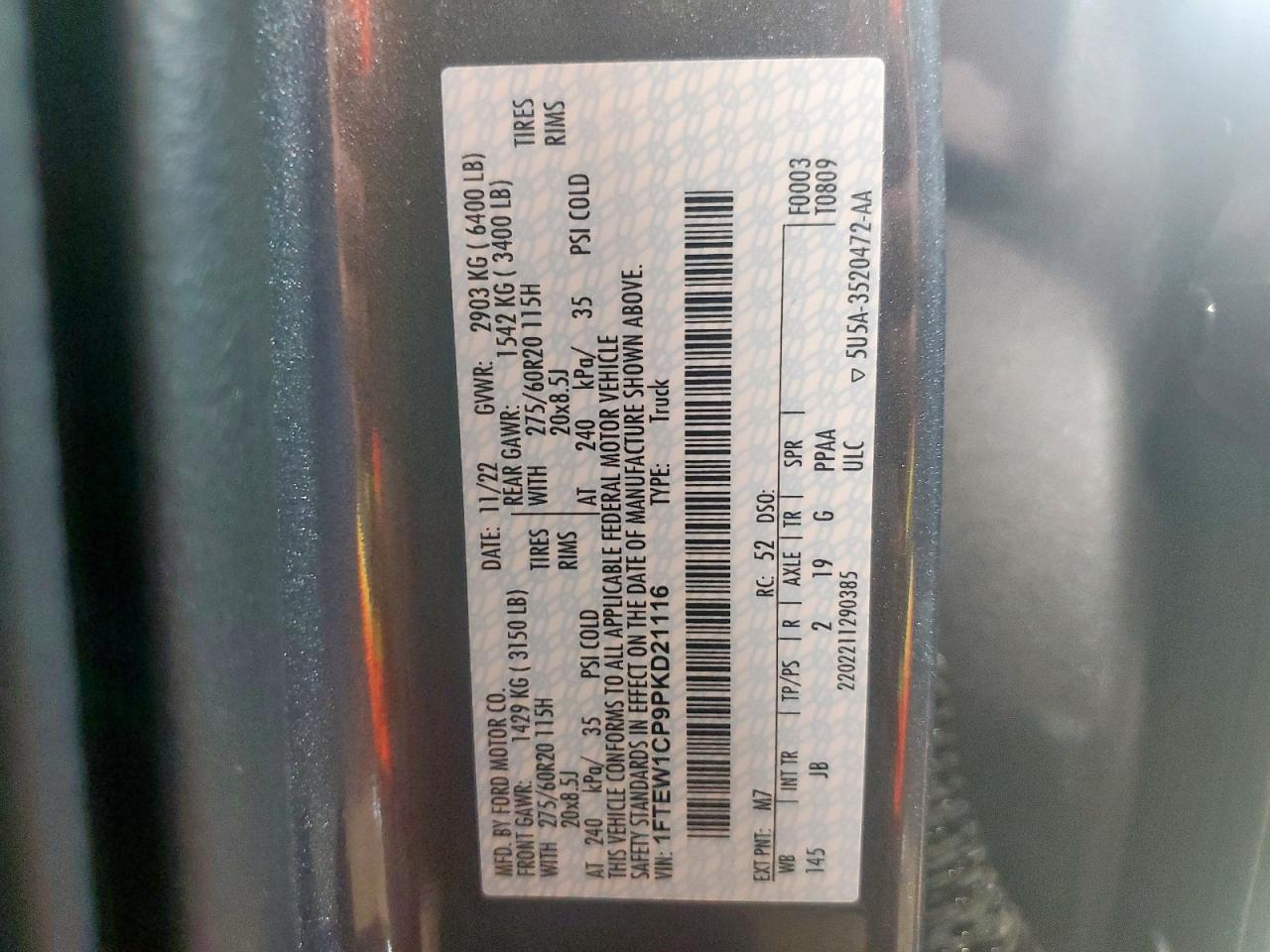 2023 Ford F150 Supercrew VIN: 1FTEW1CP9PKD21116 Lot: 81067055