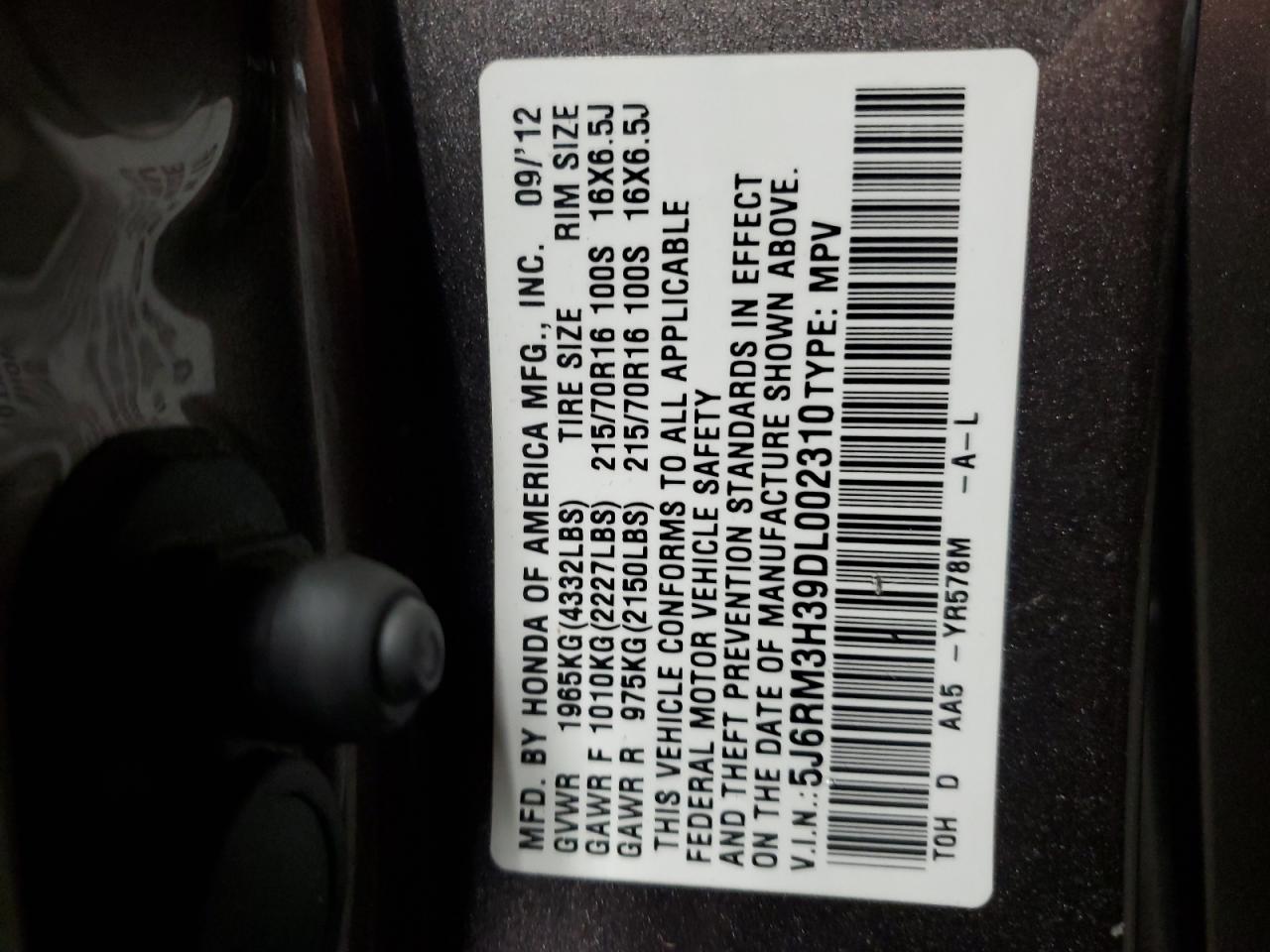 2013 Honda Cr-V Lx VIN: 5J6RM3H39DL002310 Lot: 70925835