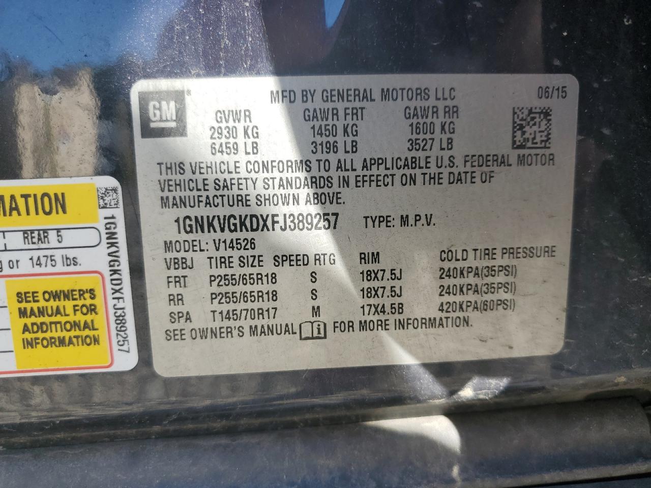 2015 Chevrolet Traverse Lt VIN: 1GNKVGKDXFJ389257 Lot: 81634535