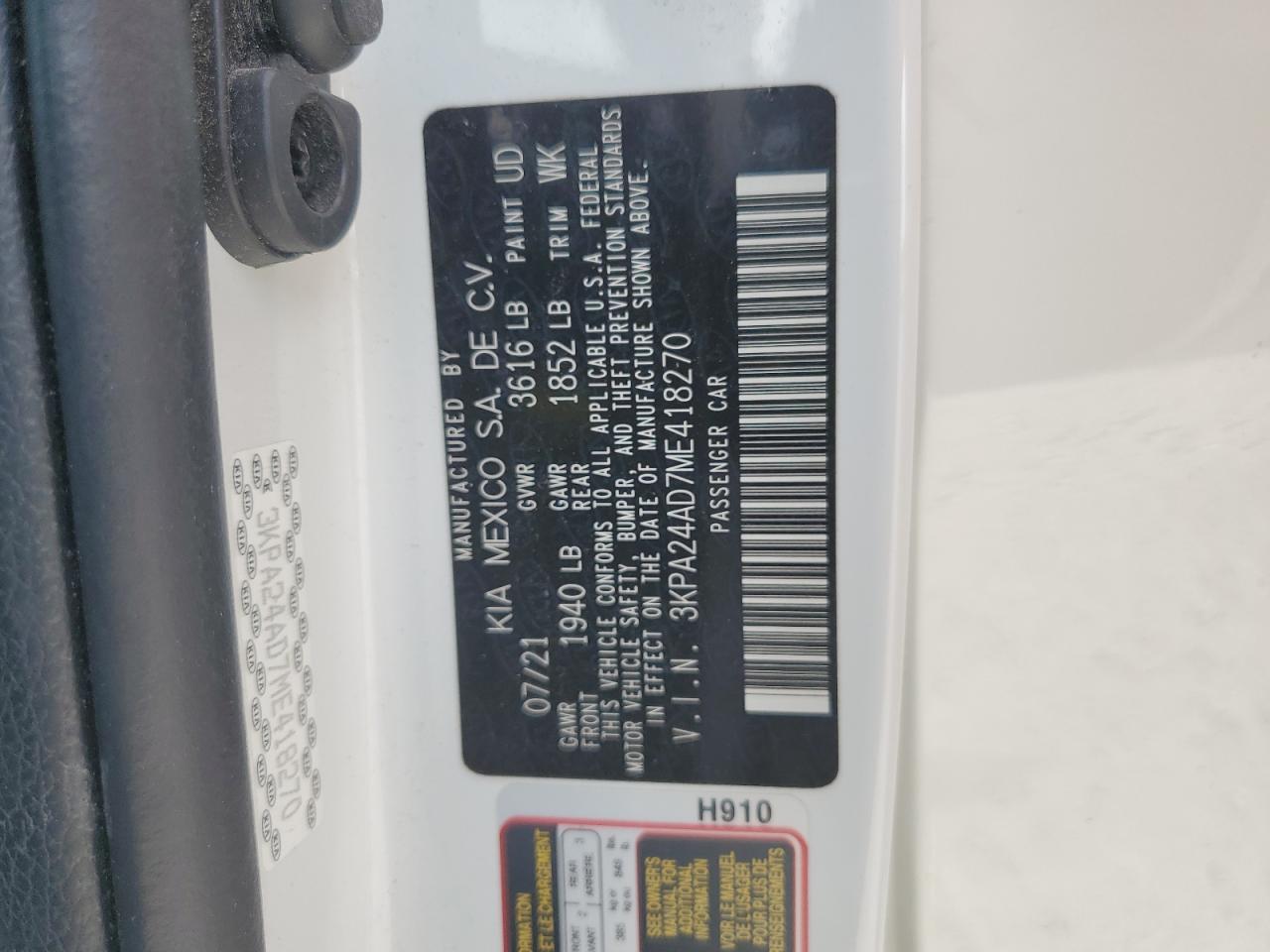 2021 Kia Rio Lx VIN: 3KPA24AD7ME418270 Lot: 80713415